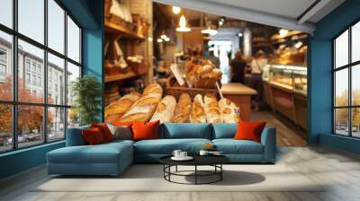 An artisanal bread bakery with fresh loaves, baguettes, and a warm, inviting aroma AI generated Wall mural