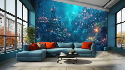 An underwater kingdom with bioluminescent sea creatures and coral castles AI generated Wall mural