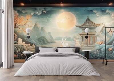 Chinese-Inspired Wall Mural with a Moon, Mountains, and Rabbits Wall mural