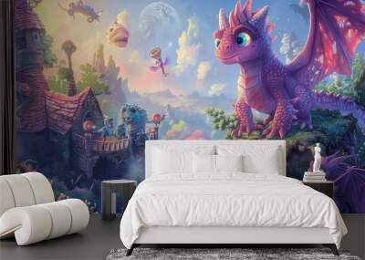 Describe a colorful, imaginative world with fantastic creatures, such as fairies, dragons or space creatures AI generated Wall mural