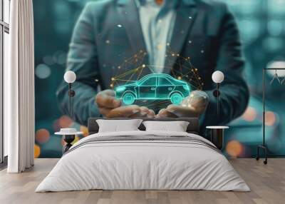 Digital composite of Man holding car icon.Car automobile insurance and car services concept. Businessman with offering gesture and icon of car. AI generated Wall mural