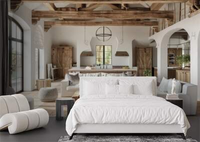 Farmhouse living room interior with wooden beams and cozy textiles AI generated Wall mural