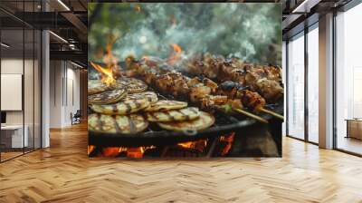 Grilled Chicken Skewers and Pancakes Over Embers Wall mural