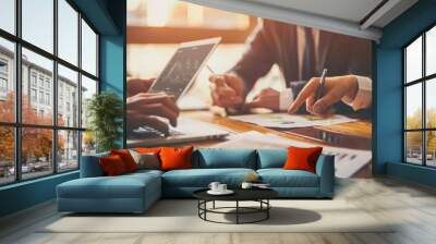 Image of two young businessmen using touchpad at a meeting AI generated Wall mural