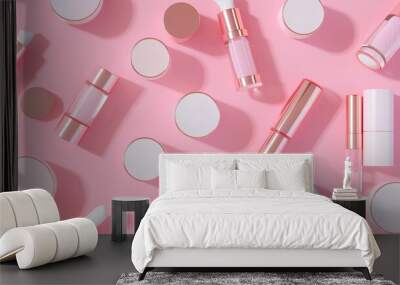 Pink and Gold Beauty Products on a Pink Background Wall mural