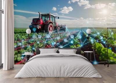 Smart Farming: Tractor and Crop Field with Connected Technology Wall mural