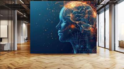 technology concept artificial abstract human side face and glowing brain with chip circuit board elegant blue tone background AI generated Wall mural