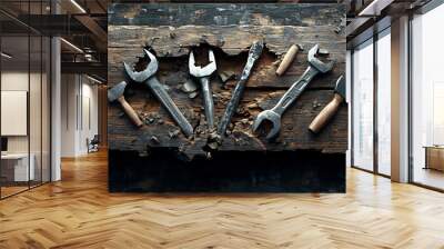 Tools on Weathered Wooden Board Wall mural