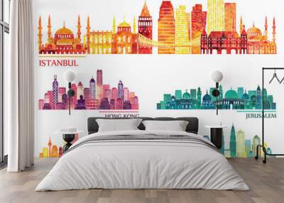 skyline detailed silhouette set (Istanbul, Hong Kong, Kuala Lumpur, Jerusalem, Johannesburg). Vector illustration Wall mural