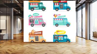 Food truck flat vector set. Fast street food van delivery Wall mural