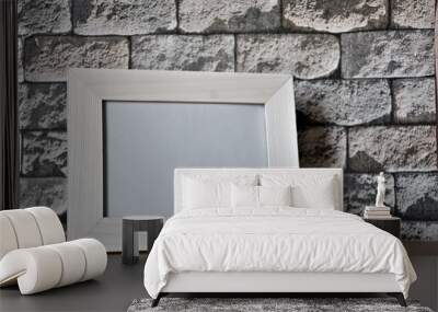 white wooden frame on gray brick wallpaper background Wall mural