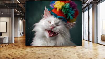 Funny happy white cat is wearing costume clown Wall mural