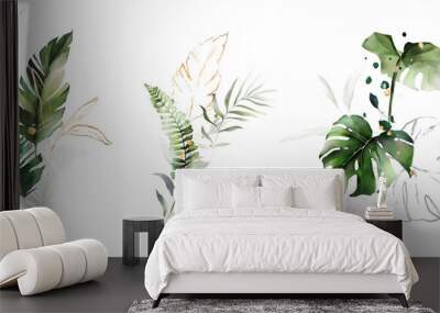  watercolor and gold leaves. herbal illustration. Botanic tropic composition.  Exotic modern design Wall mural