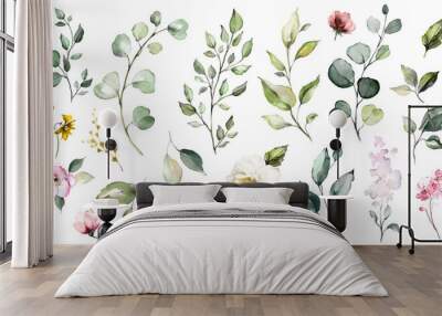 big set watercolor elements - wildflowers, herbs, leaf. collection garden and wild, forest herb, flo Wall mural