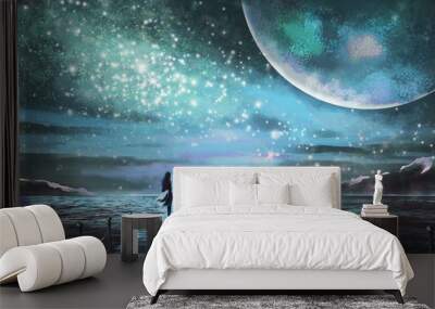 Fantastic illustration with an unknown planet and MilkyWay, stars.  girl in  dress is standing on pier on the sea and looking at the space landscape. Painting. Wall mural