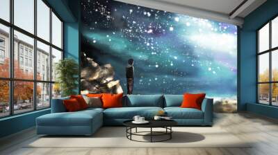 Fantasy illustration of the Milky Way, the stars. A man standing on a mountain and looking at the space landscape. Painting. Bly sky Wall mural