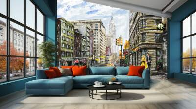 oil painting on canvas, street view of New York, man and woman, yellow taxi,  modern Artwork,  American city, illustration New York Wall mural