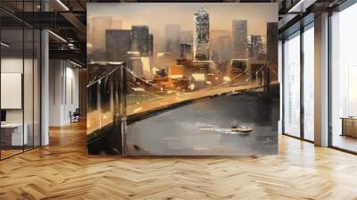 oil painting on canvas - view of New York, river and bridge. modern abstract Artwork, Painting American city, urban illustration Wall mural