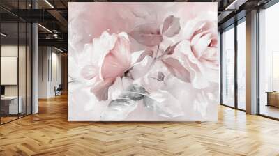 Oil painting with flower rose, leaves. Botanic print background on canvas -  triptych In Interior, art. Wall mural