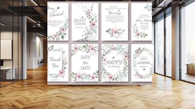 Set of card with flower rose, leaves. Wedding ornament concept. Floral magazine, poster, invite. Vector layout decorative greeting card or invitation design background Wall mural