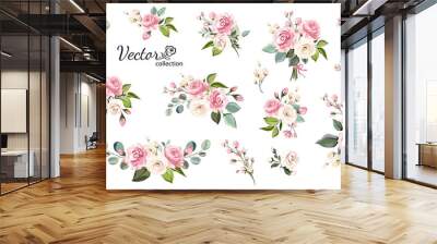 set of floral branch. flower pink rose, green leaves. wedding concept with flowers. floral poster, i Wall mural