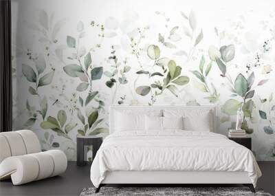 Set watercolor arrangements with garden herbs. Seamless border. Collection leaves, branches. Botanic illustration isolated on white background. Wall mural