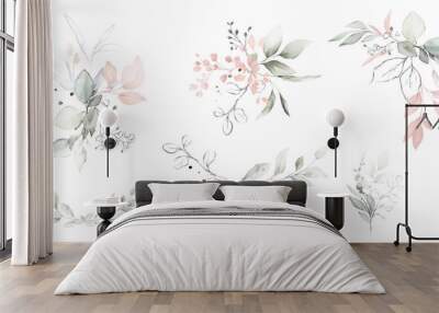 set watercolor arrangements with garden pink and green leaves, branches, botanic illustration isolat Wall mural