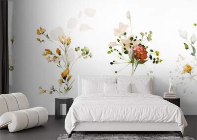 Set watercolor arrangements with garden plant. collection pink, yellow flowers, leaves, branches. Botanic illustration isolated on white background. Wall mural