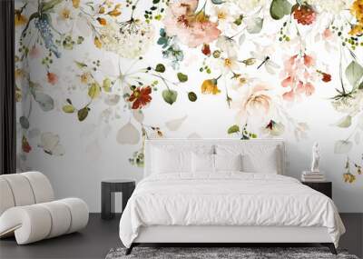 Set watercolor arrangements with garden roses. collection pink, yellow flowers, leaves, branches. Botanic illustration isolated on white background. Wall mural