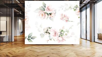 Set watercolor arrangements with garden roses. collection pink flowers, leaves, branches. Botanic illustration isolated on white background. Wall mural