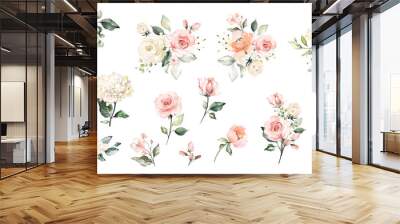 Set watercolor arrangements with roses. collection garden pink flowers, leaves, branches, Botanic  illustration isolated on white background. Wall mural