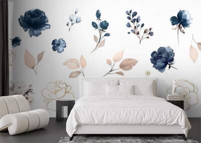 set watercolor design elements of roses collection garden navy blue flowers, leaves, gold branches,  Wall mural