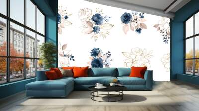 set watercolor design elements of roses collection garden navy blue flowers, leaves, gold branches,  Wall mural