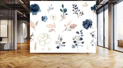 Set watercolor design elements of roses collection garden navy blue flowers, leaves, gold branches, Botanic  illustration isolated on white background. Wall mural