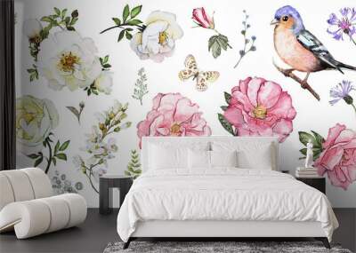 set watercolor elements of flower rose, collection garden and wild flowers, leaves, branches, illust Wall mural