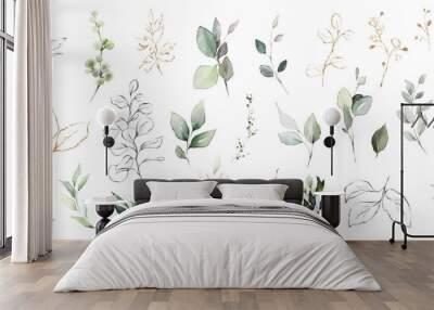 set watercolor herbal elements. collection garden leaves, branches, botanic illustration isolated on Wall mural