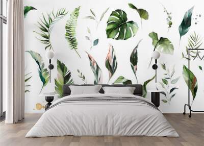 set watercolor leaves - monstera, banana palm, fern. herbal illustration. Botanic tropic composition.  Exotic modern design Wall mural