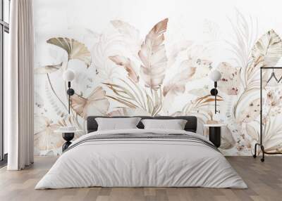 Tropical Beige design -  watercolor exotic leaves. Arrangement with palm branch Wall mural