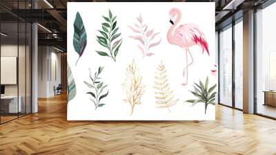 Tropical vector leaf with gold, flowers and flamingo. set  floral illustration. exotic Leaves isolated on white background. collection with flowers for invitation Wall mural