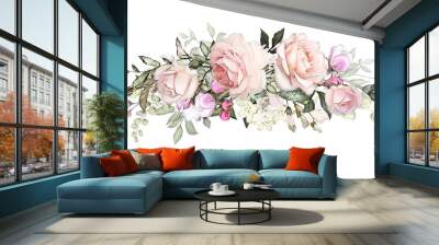 watercolor flowers arrangements. floral illustration. composition of flowers pink rose, Leaf and buds. Cute illustration for wedding or  greeting card.  branch of flowers isolated on white background Wall mural