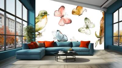 watercolor green and yellow birds and pink butterflies. vintage set Wall mural