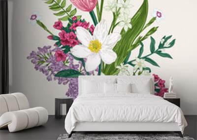 Floral blooming bouquet. Thank you card. Botanical illustration. Colorful. Engraving style. Wall mural