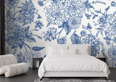 Seamless autumn floral pattern with dahlias, chrysanthemums, asters, zinnias, dogwood berries. Blue Wall mural