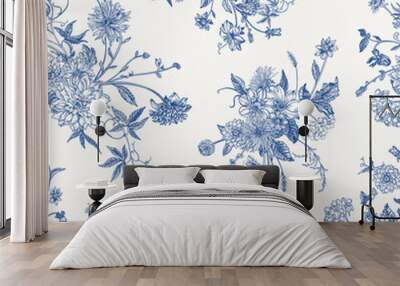 Seamless floral pattern in blue with bouquets of flowers. Vector botanical illustration. Wall mural