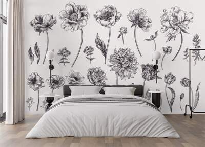 set with spring garden flowers. Wall mural