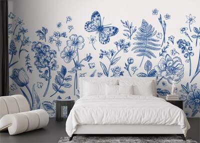 Spring flowers and butterflies. Border. Wall mural