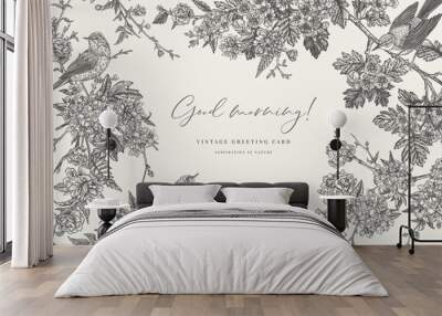 Vector frame with birds and blooming garden trees. Detailed background. Full bloom. Spring flowers. Kerry, hawthorn, cherry. Black and white Wall mural