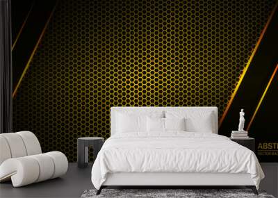 Black gold shapes on gold hexagonal shape carbon fiber texture. Geometric shapes on a hexagonal gold grid. Wall mural