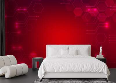 Hexagonal red technology background with various technological elements. The concept of innovative high-tech communications. Digital technology and engineering. Wall mural