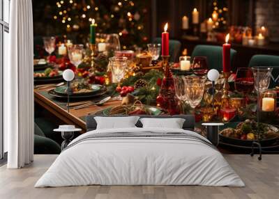 A top-down view of a beautifully set Christmas Eve table, featuring food Wall mural